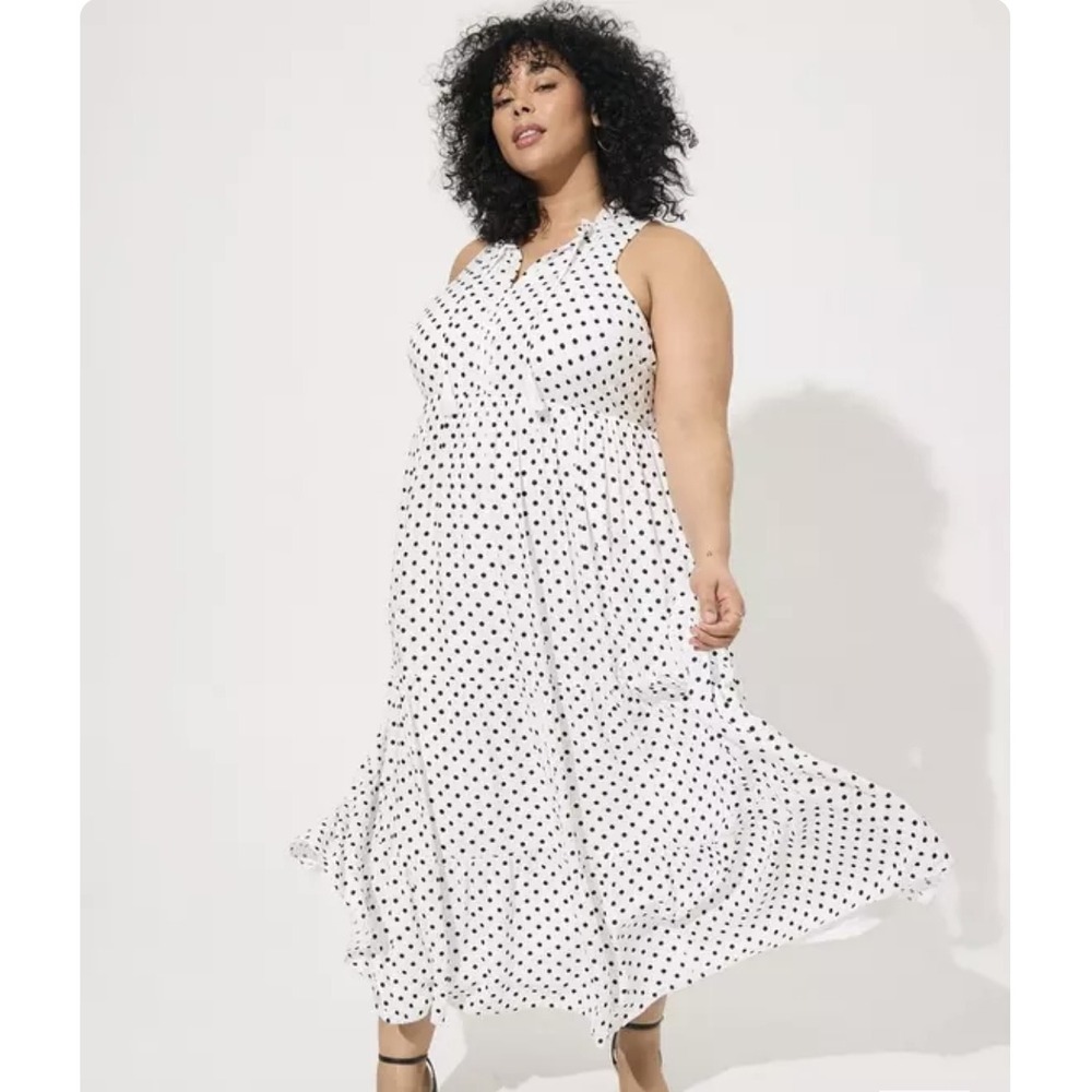Torrid Dress Womens 3 White Black Polka Dot Tiered Maxi Sundress Lined Tassel